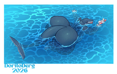 anthro blue_arms blue_body blue_legs blue_tail butt duo fur male sea surfboard swimming tail water white_body white_fur doritoderg aquatic baleen_whale cetacean mammal whale 2026 hi_res