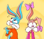 anthro blue_body blue_fur bodily_fluids buckteeth clothed clothing duo ear_ribbon female fur male pink_body pink_fur pink_nose simple_background sweat teeth imptasticles tiny_toon_adventures tiny_toons_looniversity warner_brothers babs_bunny buster_bunny lagomorph leporid mammal rabbit 2022 digital_media_(artwork)