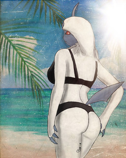 anthro anthrofied beach breasts butt clothed clothing female fur looking_at_viewer looking_back looking_back_at_viewer outside plant pokemorph pupils red_eyes sand seaside smile solo sun underwear white_body white_fur white_pupils rusoide nintendo pokemon absol generation_3_pokemon pokemon_(species) hi_res