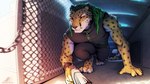 4_toes 5_fingers anthro clothed clothing digitigrade feet fingers green_hair gun hair holding_gun holding_object holding_ranged_weapon holding_weapon male orange_eyes ranged_weapon smile solo toes weapon neotheta cheetah felid feline mammal 16:9 2021 digital_media_(artwork) hi_res widescreen