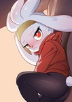 ambiguous_gender anthro blush clothed clothing fur hoodie long_ears looking_at_viewer lying red_eyes solo tail topwear white_body white_fur white_tail lolobot nintendo pokemon generation_8_pokemon pokemon_(species) raboot 2024 hi_res