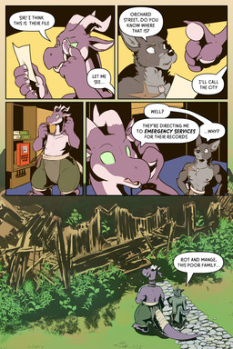 anthro biped blind_eye claws clothing coat dialogue duo electronics eyewear fur grass green_eyes grey_body grey_fur horn jewelry leaf long_neck male monocle muscular muscular_anthro muscular_male necklace nipples no_pupils paper phone plant purple_body purple_scales purple_skin ruins scales scar shirtless_anthro size_difference speech_bubble text topwear rick_griffin in_the_new_age mythology the_witch_of_kurikuto bastion_(rick_griffin) orodachi canid canine canis dragon mammal mythological_creature mythological_scalie scalie wolf 2:3 comic english_text hi_res high_contrast shaded