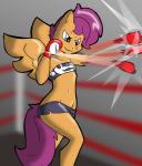 2014 anthro anthrofied biped bone bottomwear boxing_gloves clothed clothing dolphin_shorts equid equine feathered_wings feathers female friendship_is_magic hair handwear hasbro mammal my_little_pony mythological_creature mythological_equine mythology navel orange_body orange_feathers pegasus purple_eyes purple_hair scootaloo_(mlp) shorts skimpy skull solo standing theburningdonut topwear tube_top wings
