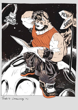 anthro beard boots border bottomwear claws clothing facial_hair finger_claws fingerless_gloves footwear fur gloves grey_border handwear holding_map jacket_around_waist male map multicolored_body multicolored_fur pants scratching_head shirt shoes solo space star street_sign tail tank_top topwear two_tone_body two_tone_fur ngmanhho logan_mcgrath canid canine canis felid mammal pantherine tiger wolf 2026 monochrome orange_monochrome