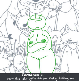 ambiguous_gender anthro bodily_fluids breasts breath buckteeth clothed clothing fangs female frown genitals group male naughty_face nipples nude open_mouth panting profanity slightly_chubby suggestive sweat teeth text thick_thighs vulva the_weaver disney zootopia anon canid canine canis domestic_pig human lagomorph leporid mammal rabbit suid suine sus_(pig) wolf 2016 digital_media_(artwork) english_text