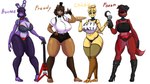 ahoge anthro avian_feet beakless belt big_breasts black_boots black_bow_tie black_clothing black_footwear black_gloves black_handwear black_hat black_headwear black_panties black_top_hat black_topwear black_underwear blonde_hair blue_eyes boots bottomwear bow_tie breasts brown_body brown_bottomwear brown_clothing brown_fur brown_hair brown_legwear brown_shorts brown_stockings buckteeth cheek_tuft cleavage clothed clothing crossgender dipstick_tail electronics eye_patch eyelashes eyewear facial_tuft feathers female fingerless_gloves fingers food footwear freckles front_view fur gloves grey_clothing grey_topwear guitar hair hand_on_hip handwear hat head_feathers head_tuft headgear headwear high_heeled_boots high_heels holding_food holding_guitar holding_microphone holding_musical_instrument holding_object holding_pizza holding_pizza_cutter holding_plate hook hook_hand huge_breasts knee_boots knee_highs legwear looking_at_viewer machine markings microphone mtf_crossgender musical_instrument navel one_ear_up open_mouth open_smile orange_body panties pink_body pink_fur pirate_hat pizza plucked_string_instrument purple_body purple_clothing purple_eyes purple_fur purple_hair purple_legwear purple_tights red_body red_bottomwear red_bow_tie red_clothing red_fur red_sash sash shoes short_hair shorts simple_background slightly_chubby smile solo stockings string_instrument tail tail_feathers tail_markings tan_body tan_fur teeth text text_on_clothing text_on_topwear thick_thighs tights topwear tricorne tuft underwear white_background white_clothing white_topwear wide_hips yellow_body yellow_eyes yellow_feathers hxveuseenmypen five_nights_at_freddy's scottgames bonnie_(fnaf) chica_(fnaf) foxy_(fnaf) freddy_(fnaf) animatronic avian bear bird canid canine chicken fox galliform gallus_(genus) lagomorph leporid mammal phasianid rabbit robot 16:9 2024 absurd_res digital_media_(artwork) hi_res widescreen