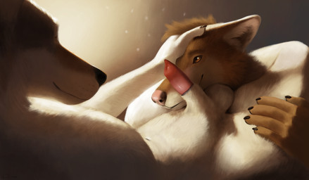 animal_genitalia animal_penis anthro balls canine_genitalia canine_penis duo erection fur genitals half-erect head_in_crotch head_on_lap holding_leg holding_thigh lipsticking male nude on_lap penis penis_on_cheek penis_on_face petting sheath djano kibawusker canid canine canis domestic_dog husky hybrid mammal nordic_sled_dog spitz wolf wolfdog hi_res