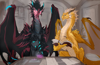 alchemy ambiguous_gender book claws duo feral horn mixing potion reading reading_book spines tail wings laobai mythology bai_(laobai) dragon_bai_(laobai) dragon mythological_creature mythological_scalie scalie hi_res