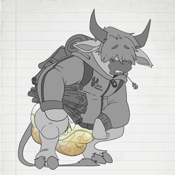 anthro bodily_fluids clenched_teeth covered_eyes crouching diaper feces genital_fluids holding_object horn male pooping soiled_diaper soiling soiling_diaper solo straining teeth unclean_diaper urine used_diaper using_diaper wearing_backpack wet wet_diaper wetting wetting_diaper possumkiddo bovid bovine cattle mammal 1:1 2023 hi_res