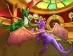 brown_eyes claws detailed_background duo feral membrane_(anatomy) membranous_wings purple_eyes smile tail wings jewel-thief activision european_mythology mythology spyro_the_dragon the_legend_of_spyro spyro terran_(yoshifinder) dragon mythological_creature mythological_scalie scalie western_dragon 2015 absurd_res digital_media_(artwork) hi_res