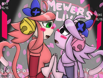 being_watched blush construct crowd_watching doll_joints duo electronics female female/female figurine headphones looking_at_another looking_at_partner open_mouth touching_hand vanilla_road deltarune magnet_(song) mew_mew_kissy_cutie undertale_(series) vocaloid yamaha_corporation irritable_ghost_(deltarune) mad_mew_mew mew_mew_(undertale) pink_(deltarune) animal_humanoid felid felid_humanoid feline feline_humanoid felis ghost humanoid mammal mammal_humanoid spirit absurd_res hi_res