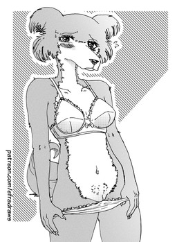 anthro areola biped blush bodily_fluids bra breasts butt cheek_tuft clothing facial_tuft female female_anthro genitals medium_breasts navel nude pubes solo sweat sweatdrop tail tuft underwear vulva efradraws beastars juno_(beastars) canid canine canis mammal northwestern_wolf wolf 2025 absurd_res digital_drawing_(artwork) digital_media_(artwork) halftone hi_res monochrome
