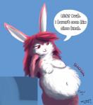 anthro belly big_belly dialogue female female_pred fur hair navel nipples pink_body pink_fur pink_hair simple_background smile solo text vore white_body white_fur waismuth lilly_lapine lagomorph leporid mammal rabbit 2016 digital_media_(artwork) english_text hi_res