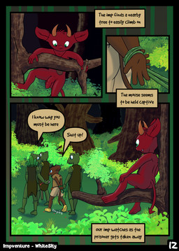 anthro balls bdsm blood bodily_fluids bondage bound butt casual_nudity dagger foreskin forest genitals group hands_tied horn impventure male melee_weapon nude penis plant shota shrub text tree vines weapon young young_anthro young_humanoid young_male whitesky amphibian frog grippli humanoid imp mammal mouse murid murine rodent comic english_text