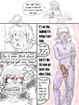 3:4 anthro balls buwaro_elexion clothed clothing comic demon dialogue duo english_text erection female genitals humanoid_genitalia humanoid_penis jakkai male nude penis rhea_snaketail simple_background slightly_damned tail text white_background yellowpower