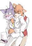 anthro blush clothing duo eyewear hug male monocle simple_background kototani_kaiki sherlock_hound_(series) moriarty_(sherlock_hound) sherlock_hound canid canine canis domestic_dog mammal wolf