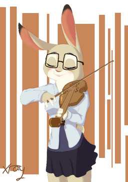 anthro bottomwear bowed_string_instrument clothed clothing eyes_closed eyewear female fur glasses holding_object musical_instrument pink_nose playing_music playing_violin shirt simple_background skirt smile solo string_instrument topwear violin xraymail disney zootopia violet_hopps lagomorph leporid mammal rabbit 2019 portrait three-quarter_portrait