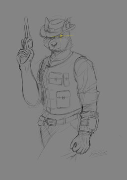 anthro belt clothing cowboy_hat furgonomic_hat furgonomic_headwear furgonomics glowing glowing_eyes gun handgun hat headgear headwear looking_at_viewer male notched_ear pip-boy ranged_weapon revolver solo text weapon shillcat fallout microsoft canid canine canis coyote mammal absurd_res artist_name hi_res sketch
