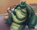 4_toes ambiguous_gender anthro bed bedroom belly big_belly big_moobs biped claws container eyes_closed feet food furniture green_body green_scales hand_on_belly horn huge_belly huge_thighs inside moobs morbidly_obese morbidly_obese_ambiguous morbidly_obese_anthro nude obese obese_ambiguous obese_anthro on_bed overweight overweight_ambiguous overweight_anthro paper_bag paws pizza_box plantigrade scales sitting smile solo tail thick_tail thick_thighs toe_claws toes wide_hips chubby-shark european_mythology mythology dragon mythological_creature mythological_scalie scalie western_dragon wingless_dragon digital_media_(artwork)