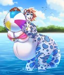 anthro areola areola_slip belly big_belly big_breasts blue_eyes blue_markings blue_sky blurred_background breasts clothed clothing cloud duo ear_piercing ear_ring eyebrow_piercing eyebrow_ring facial_piercing female fur glistening glistening_eyes grey_body grey_fur hair huge_belly huge_breasts looking_at_viewer markings multiple_piercings open_mouth open_smile orange_hair partially_submerged piercing pink_clothing pink_topwear pregnant pregnant_anthro pregnant_female ring_piercing short_hair side_view sky smile standing topwear wet wet_body wet_fur white_body white_fur tiggybloom ambient_bird arthropod crab crustacean decapod felid malacostracan mammal 2024 dated hi_res
