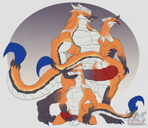anthro balls barazoku biceps big_balls big_penis caressing caressing_face carrying_another eyes_closed fangs fur genitals group heart_symbol holding_another hooked_tail kneeling looking_at_viewer looking_pleasured male male/male mane multicolored_body nude nude_anthro nude_male orange_body orange_eyes orange_fur pecs penis pupils red_penis simple_background size_difference slit_pupils standing teeth tongue tongue_out triceps trio white_balls white_body yellow_sclera daikuhiroshiama capcom monster_hunter bird_wyvern izuchi 2025 hi_res