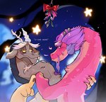 after_kiss anthro bedroom_eyes blush bodily_fluids detailed_background duo fur hair holding_each_other holidays horn looking_pleasured male male/male mistletoe narrowed_eyes pink_body pink_fur plant saliva saliva_on_tongue saliva_string seductive smile sweat text isisgio christmas european_mythology friendship_is_magic hasbro my_little_pony mythology wish_dragon discord_(mlp) long_(wish_dragon) chimera dragon eastern_dragon mythological_creature mythological_scalie scalie western_dragon hi_res