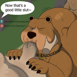 all_fours anal anal_penetration anthro anthro_penetrated balls big_butt big_penis black_eyes blue_sclera bodily_fluids brown_body brown_claws brown_ears brown_fur brown_nose brown_skin brown_tail butt chain chain_necklace claws day fellatio fur genitals grass group hand_on_face high-angle_view huge_butt human_on_anthro human_penetrating human_penetrating_anthro human_penetrating_male interspecies jewelry larger_anthro larger_male larger_penetrated male male/male male_penetrated male_penetrating male_penetrating_male multicolored_body multicolored_fur necklace notched_ear one_eye_closed one_eye_half-closed oral outside outside_sex penetration penile penile_penetration penis penis_in_ass plant rock sex short_tail size_difference speech_bubble spitroast sweat tail text thick_thighs three-quarter_view trio two_tone_body two_tone_fur vein veiny_penis colossalstars dreamworks puss_in_boots_(franchise) baby_bear_(puss_in_boots) bear human mammal 1:1 2026 absurd_res digital_media_(artwork) english_text hi_res url