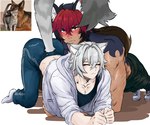 anthro black_hair blush bodily_fluids clothing duo ear_tuft embarrassed eyes_closed grey_hair hair male muscular muscular_anthro muscular_male not_furry red_eyes red_hair scar shirtless sweat sweatdrop tail text tuft chaibunnylatte mihoyo zenless_zone_zero komano_manato seth_lowell animal_humanoid canid canid_humanoid canine canine_humanoid cat_humanoid dog_humanoid felid felid_humanoid feline feline_humanoid humanoid mammal mammal_humanoid tailed_humanoid thiren 2025 artist_name digital_media_(artwork) hi_res reference_image signature