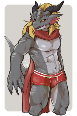 abdominal_scar abs anthro arm_scar barazoku black_horn blonde_hair briefs bulge clothing grey_body hair horn leg_scar male muscular muscular_anthro muscular_male pecs pronounced_browridge red_clothing red_scarf red_underwear scar scarf simple_background solo tail underwear yellow_eyes drawg_t mythology dragon mythological_creature mythological_scalie scalie wingless_dragon 2023 character_request digital_media_(artwork) hi_res portrait signature three-quarter_portrait