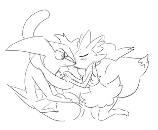 3_fingers ambiguous/ambiguous ambiguous_anthro ambiguous_gender anthro anthro_on_anthro big_tail biped blush blush_lines dipstick_tail duo eyes_closed fingers inner_ear_fluff kissing kneeling markings nude_ambiguous nude_anthro pointy_ears prick_ears side_view simple_background sitting tail tail_markings tuft white_background aturn nintendo pokemon amphibian braixen canid generation_6_pokemon greninja mammal pokemon_(species) 2016 digital_drawing_(artwork) digital_media_(artwork) line_art monochrome sketch