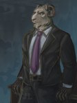 clothing desk furniture gloves handwear male necktie solo standing suit table jameslewis blacksad thomas_lachapelle bovid caprine goat humanoid mammal absurd_res hi_res