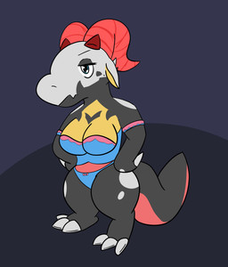 annoyed anthro big_breasts bow_ribbon bra breasts claws clothing ears_down female hands_on_hips horn markings multicolored_body non-mammal_breasts panties pink_horn pivoted_ears simple_background solo spots spotted_markings tail underwear rayoshi_(artist) ellem kobold scalie absurd_res hi_res