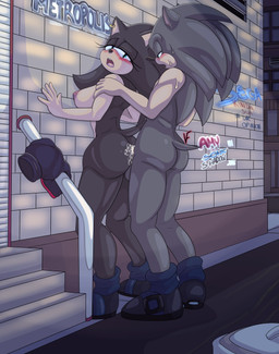 5_fingers against_surface against_wall anthro back_alley bodily_fluids breasts butt clothing cum cum_inside duo female fingers footwear footwear_only genital_fluids genitals graffiti male male/female mostly_nude nipples outside penis pubes sex shoes shoes_only vellvetfoxie sega sonic_the_hedgehog_(series) fan_character sonic_the_hedgehog eulipotyphlan hedgehog mammal absurd_res hi_res