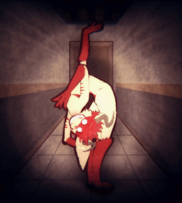 anthro biped creepy creepy_face creepy_smile empty_eyes flexible flexible_back fur gloves_(marking) hallway horn male markings multicolored_body multicolored_fur red_body red_fur smile solo twitching two_tone_body two_tone_fur white_body white_eyes white_fur skashi95 canid canid_demon demon grinion mammal 2026 2d_animation animated digital_media_(artwork) loop