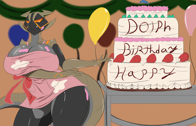 anthro apron apron_only balloon banner big_breasts big_tail birthday_cake black_body bow_ribbon breasts cake cart clothing dessert female food grey_body horn huge_breasts huge_tail inflatable markings non-mammal_breasts orange_eyes orange_sclera pose scales solo tail tan_body tan_scales teeth_showing thick_thighs wide_hips aerospine mythology claudia_(averyshadydolphin) dragon mythological_creature mythological_scalie scalie 2016 colored digital_drawing_(artwork) digital_media_(artwork) shaded unavailable_at_source