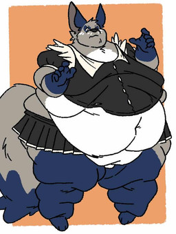 anthro belly big_belly big_tail clothed clothing crossdressing fupa maid_uniform male moobs obese overweight solo tail torn_clothing uniform aki_maned_wolf nintendo pokemon canid canine fox generation_8_pokemon mammal nickit pokemon_(species)