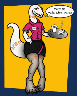 4_toes albino anthro arm_tattoo beverage big_butt big_tail black_bottomwear black_clothing black_miniskirt black_skirt bottomwear brown_clothing brown_legwear brown_pantyhose butt claws clothing coffee coffee_cup coffee_mug collared_shirt container cup dialogue digitigrade dress_shirt eyelashes fangs feet female flat_chested flight_attendant front_view hand_on_hip holding_tray knock-kneed leg_tattoo legwear looking_at_viewer markings miniskirt monotone_body monotone_scales name_tag neck_tattoo nylon nylon_clothing nylons open_mouth orange_markings orange_tattoo pantyhose pattern_bottomwear pattern_clothing pattern_skirt paws pink_clothing pink_shirt pink_stripe pink_topwear pupils red_eyes scales serving serving_tray shirt short-sleeve_shirt simple_background skirt smile smiling_at_viewer snout solo speech_bubble striped_bottomwear striped_clothing striped_skirt stripes tail tail_tattoo tapering_tail tattoo teeth text thick_tail thick_thighs thigh_tattoo toe_claws toes topwear translucent translucent_clothing translucent_legwear tray tribal tribal_tattoo uniform white_body white_scales janek5 overlord_(series) crusch_lulu lizard lizardman lizardman_(overlord) reptile scalie 4:5 absurd_res alpha_channel czech_text digital_drawing_(artwork) digital_media_(artwork) hi_res