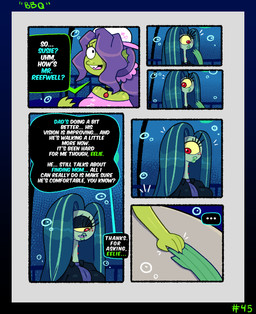 1_eye accessory anthro big_butt bottomwear breasts buckteeth butt clothing collar duo eyelashes female female/female footwear hair hair_over_eye hand_hold hand_holding hat headgear headwear larger_female lips long_eyelashes long_hair long_neck necktie pants ponytail restaurant sad shirt size_difference teeth text thick_lips topwear somescrub nickelodeon spongebob_squarepants eelie_applebottom fan_character susie_reefwell aquatic cyclops eel fish mutant_humanoid absurd_res comic english_text hi_res