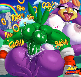 anthro anthro_on_anthro anthro_penetrated anthro_penetrating anthro_penetrating_anthro anus areola balls barbell_piercing beak big_balls big_breasts big_butt big_penis blush bodily_fluids breasts butt clothing duo eyelashes eyewear eyewear_on_head feathers female female_penetrated footwear footwear_only from_front_position genital_fluids genitals glistening_eyelids green_body heart_symbol huge_balls huge_breasts huge_penis long_eyelashes looking_pleasured male male/female male_penetrating male_penetrating_female mating_press mostly_nude multicolored_body nipple_dip nipple_piercing nipples non-mammal_balls non-mammal_breasts non-mammal_nipples non-mammal_vulva nude nude_anthro nude_female open_beak open_mouth penetration penile penile_penetration penis penis_in_vagina piercing purple_body ring_(sonic) sex shoes shoes_only spread_legs spreading sunglasses sunglasses_on_head tail tail_feathers text tongue tongue_out two_tone_body vaginal vaginal_fluids vaginal_penetration vein veiny_balls vulva wearing_sunglasses white_body jay-marvel sega sonic_riders sonic_the_hedgehog_(series) jet_the_hawk wave_the_swallow accipitrid accipitriform avian bird hirundinid oscine passerine swallow_(bird) 2026 english_text hi_res
