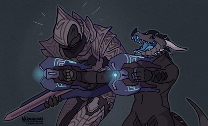 ambiguous_gender anthro armor bodysuit clothing duo emanata furgonomics grey_background gun happy holding_gun holding_object holding_ranged_weapon holding_weapon looking_forward male open_mouth plasma_repeater plasma_rifle ranged_weapon simple_background skinsuit smile standing tail teeth tight_clothing weapon varanidius halo_(series) microsoft mythology xbox_game_studios thel_'vadam xero_(captainscales) alien dragon mythological_creature mythological_scalie sangheili scalie