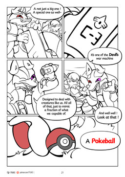 anthro bullet clothing dialogue female male pokeball text ttux3 nintendo pokemon pokemon_khronull roman_(ttux3) chesnaught generation_4_pokemon generation_6_pokemon lucario pokemon_(species) absurd_res comic english_text hi_res url