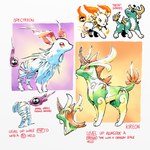 ambiguous_gender butt duo feral green_body green_tail horn multicolored_body multicolored_tail quadruped red_text simple_background smile tail text white_background white_body yellow_body dahecksajerry fakemon fakeveelution scalie 1:1 english_text