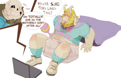 ageplay anthro beard blonde_hair bone cape clean_diaper clothed clothing dialogue diaper duo facial_hair hair horn infantilism long_ears male object_in_mouth overweight pacifier pacifier_in_mouth rattle roleplay sitting skeleton submissive submissive_male text wearing_diaper daire301 undertale undertale_(series) asgore_dreemurr sans_(undertale) animated_skeleton boss_monster_(undertale) bovid caprine mammal undead english_text