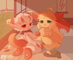 anthro detailed_background duo female fur harness horn kemono kneeling open_mouth open_smile smile yellow_body yellow_fur a_bad_blood mythology yuexiaoxin_(deaic) canid canine dragon fox furred_dragon furred_scalie mammal mythological_creature mythological_scalie scalie hi_res