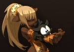 anthro armor bell bite blonde_hair blush clothed clothing critter duo eyes_closed fangs female feral hair skimpy teeth unconvincing_armor gueuzav ankama dofus wakfu domestic_cat ecaflip felid feline felis mammal official_art