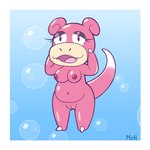 anthro border breasts claws eyelashes female genitals nipples nude open_mouth pink_body pussy solo tail white_border el_senor_erizo nintendo pokemon generation_1_pokemon mammal pokemon_(species) slowpoke 1:1 hi_res