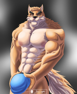abs anthro balls barazoku biceps big_muscles blue_eyes bulge clothed clothing deltoids eyebrows forearm_muscles fur genitals hair jockstrap looking_at_viewer male muscular muscular_anthro muscular_male nipples pecs penis simple_background smile solo tail underwear browncatfe otake canid canine canis domestic_dog mammal absurd_res digital_media_(artwork) hi_res