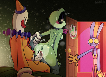 4_fingers anthro anthro_penetrated anus arm_pull balls bed being_watched biped black_eyebrows black_eyes bodily_fluids bow_tie bow_tie_only breasts breath butt caught_in_the_act clothed clothed_anthro clothed_humanoid clothed_male clothed_sex clothing cuckold cum cum_in_vagina cum_inside door erection eyebrows eyelashes female female_anthro female_penetrated fingers from_behind_position furniture genital_fluids genitals glistening glistening_body glistening_skin gloves green_anus green_body green_skin group handwear hat headgear headwear humanoid_on_anthro humanoid_penetrating humanoid_penetrating_anthro humanoid_penetrating_female inside lips looking_at_another looking_back male male/female male_anthro male_humanoid male_penetrating male_penetrating_anthro male_penetrating_female medium_breasts mostly_nude mostly_nude_anthro mostly_nude_female motion_lines mouth_closed musk on_bed open_mouth orange_clothing orange_gloves orange_handwear orange_sclera overalls party_hat penetration penile penile_penetration penis penis_in_vagina pie_cut_eyes pink_bow_tie pink_cheeks purple_body red_clothing red_lips red_overalls sex sitting sitting_on_bed sweat sweatdrop sweaty_legs sweaty_thighs tear_trough text trio vaginal vaginal_penetration vein veiny_penis vulva white_balls white_clothing white_face white_gloves white_handwear white_penis wood wood_door mawile123 glitch_productions the_amazing_digital_circus jax_(tadc) kaufmo_(tadc) ribbit_(tadc) amphibian frog humanoid lagomorph leporid mammal rabbit 2026 artist_name digital_drawing_(artwork) digital_media_(artwork) hi_res