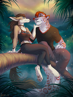 anthro black_bottomwear black_clothing black_crop_top black_pants black_shirt black_topwear bottomwear breasts brown_body brown_fur brown_hair brown_nose brown_pawpads chest_tuft choker clothing collarbone crop_top day duo ear_piercing eye_contact female fluffy fluffy_tail forest fur grass grey_body grey_fur grey_nose hair inner_ear_fluff jewelry leaf long_ears long_snout looking_at_another male male/female markings muscular muscular_male necklace outside pants pawpads piercing plant red_body red_fur red_hair round_ears shirt sitting sky snout spots spotted_body spotted_fur tail tan_body tan_fur topwear tree tuft white_body white_fur omega_lioness canid canine canis domestic_dog felid mammal pantherine snow_leopard 2024 colored detailed digital_drawing_(artwork) digital_media_(artwork) hi_res shaded