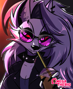 anthro black_clothing black_nose black_topwear clothed clothing eyebrows eyewear female fur grey_hair hair holding_object iris pupils red_sclera solo topwear white_body white_fur omegatherio hellaverse helluva_boss mythology loona_(helluva_boss) canid canid_demon canine demon hellhound mammal mythological_canine mythological_creature 2022 hi_res